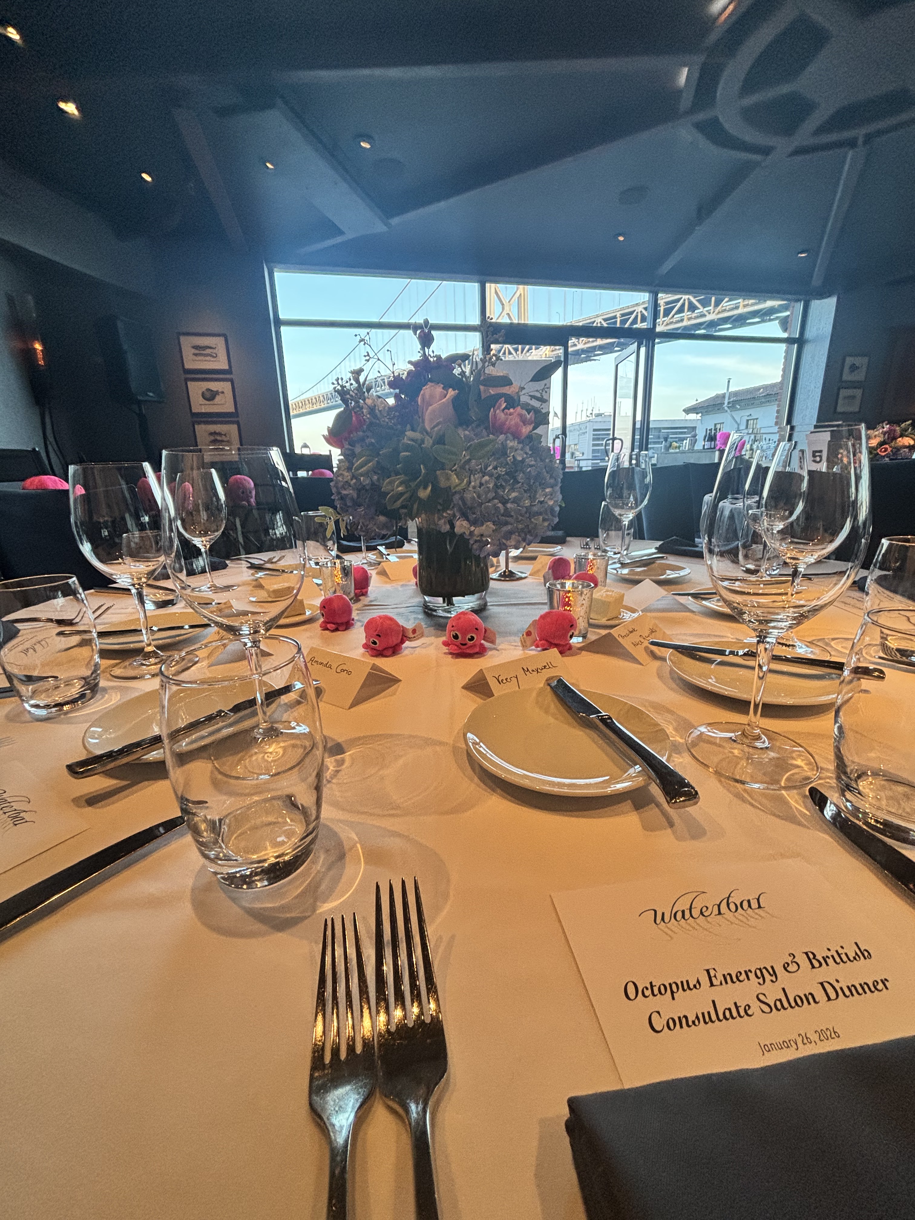Table setting at the Octopus Energy × British Consulate salon dinner overlooking the Bay Bridge