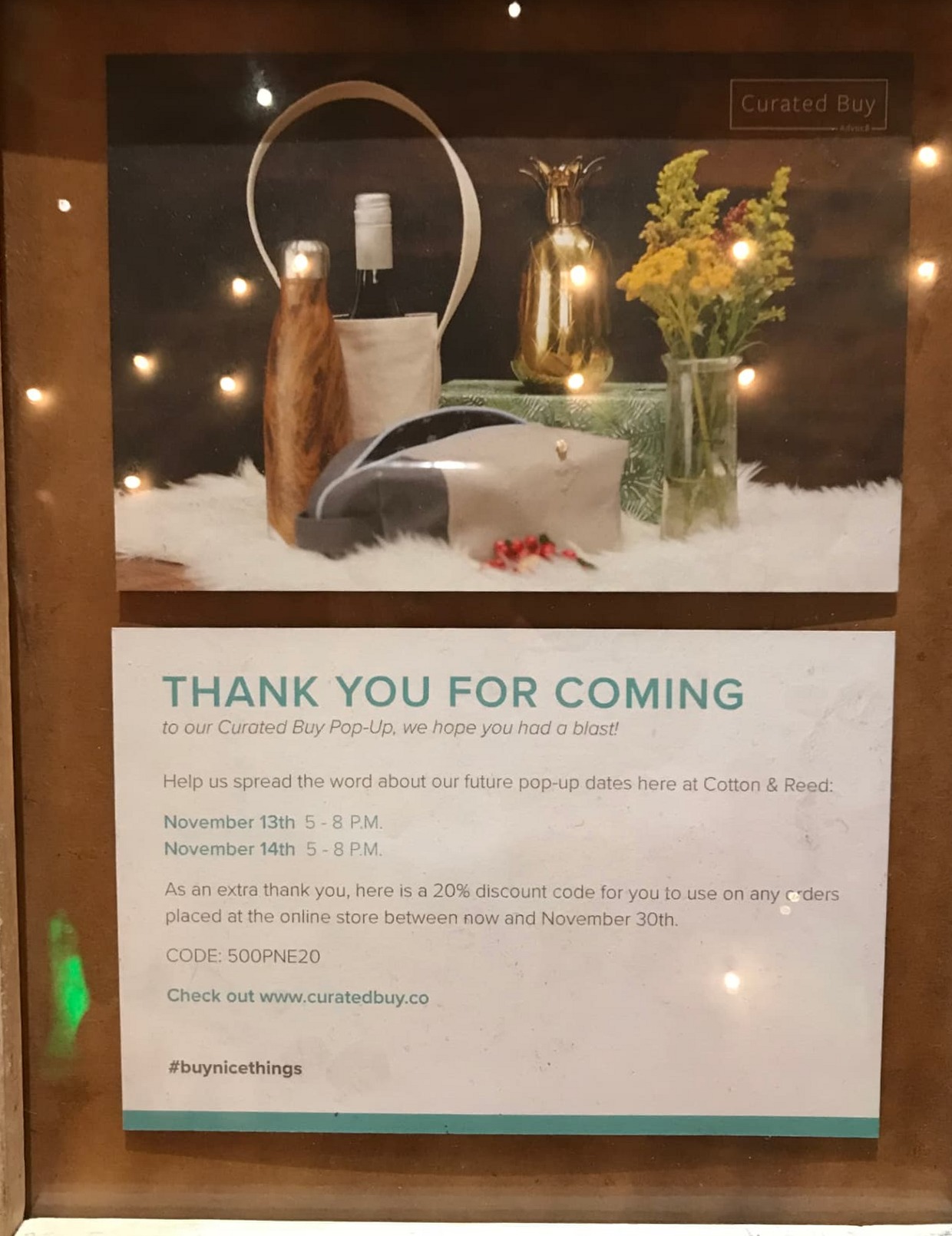Framed Curated Buy thank-you card displaying product photography and pop-up dates