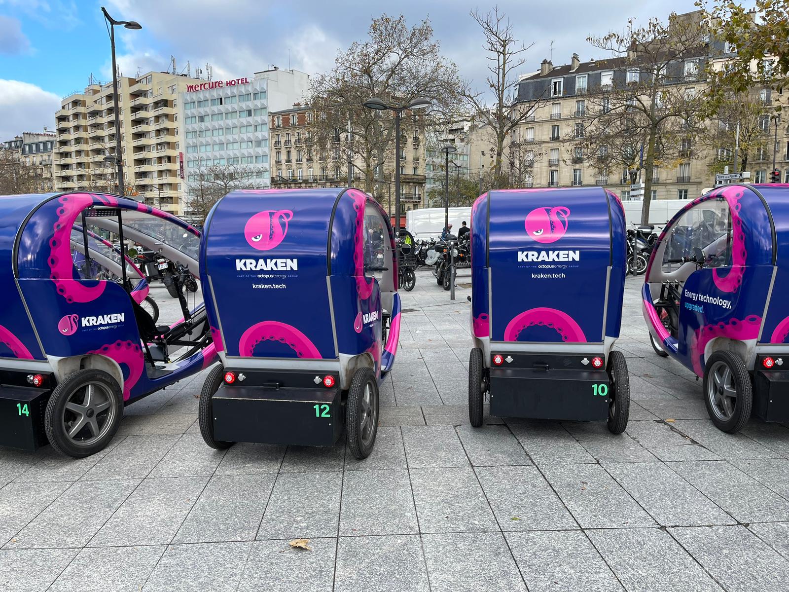 Fleet of Kraken-branded pedicabs outside the Enlit Europe venue in Paris
