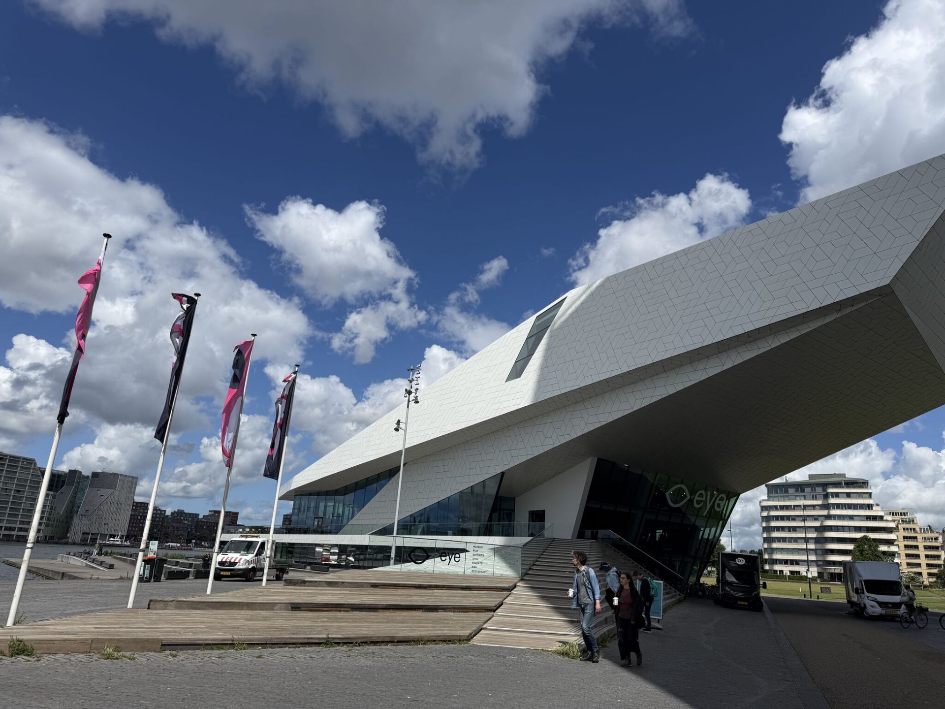 Exterior of the EyeFilm Museum in Amsterdam with Impact flags flying
